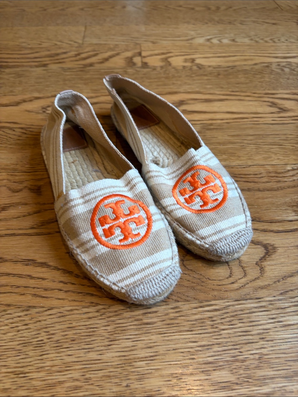 Tory Burch Beige and Orange Striped Canvas Espadrilles